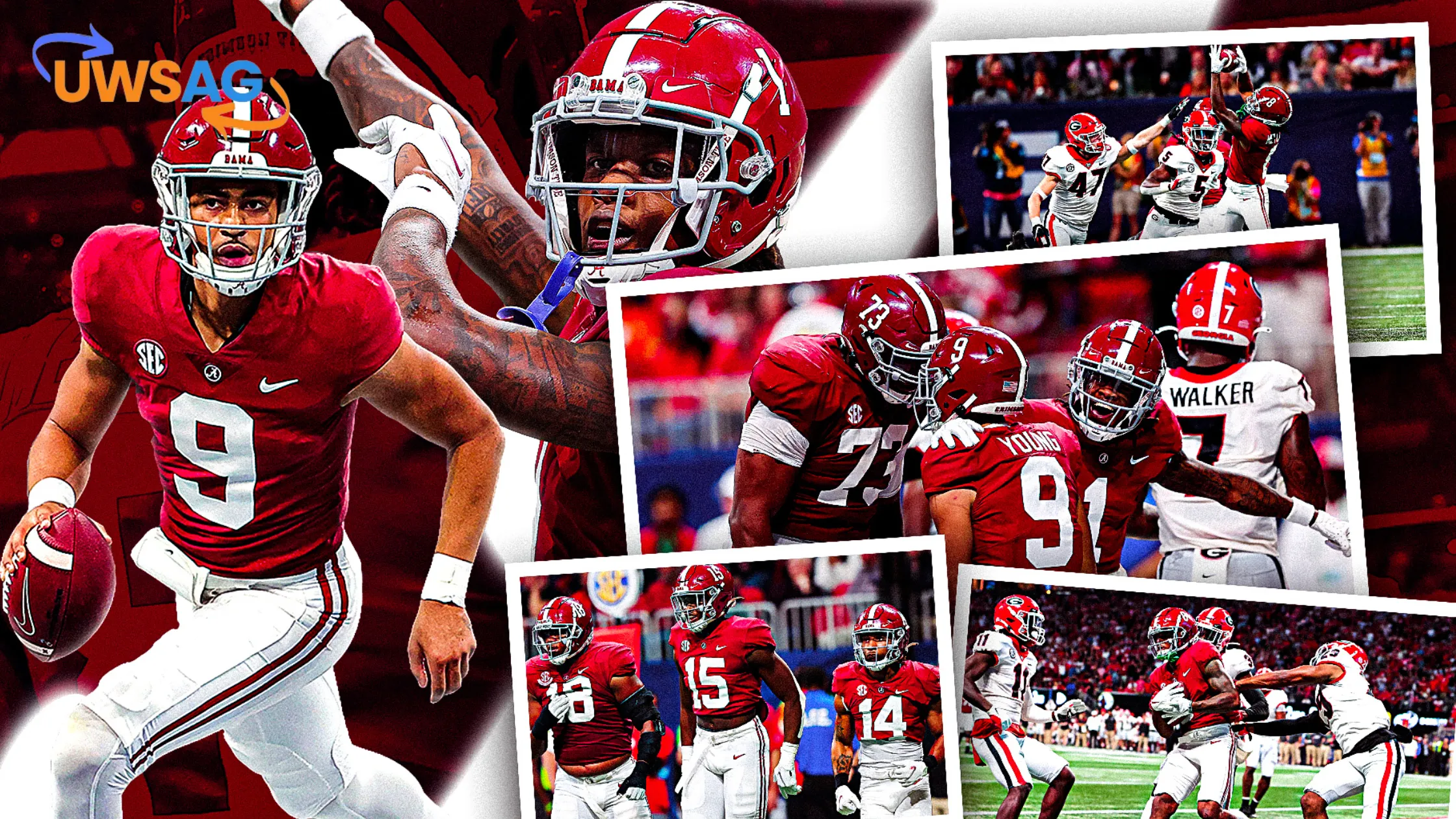 "Alabama Crimson Tide vs Georgia Bulldogs game highlights collage."