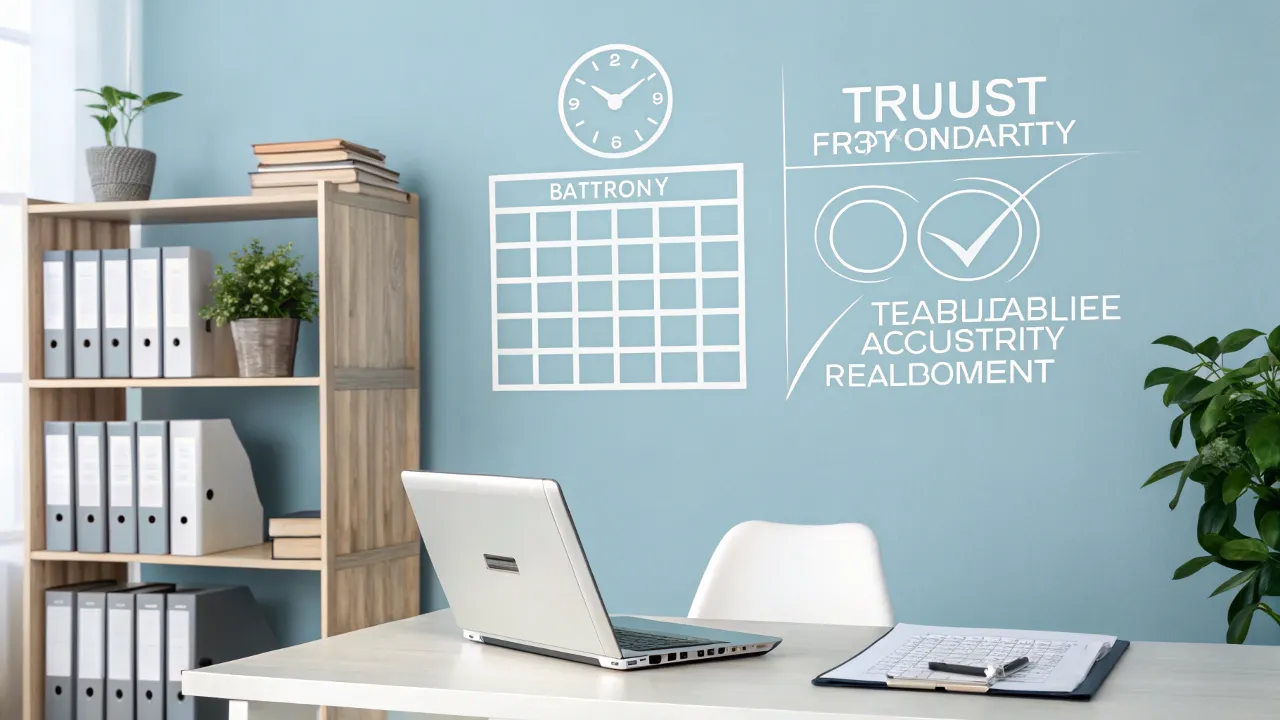 Office with wall art: clock, calendar, organizational words.