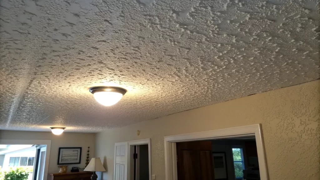 Rough popcorn ceiling with bumpy texture near the light fixture.