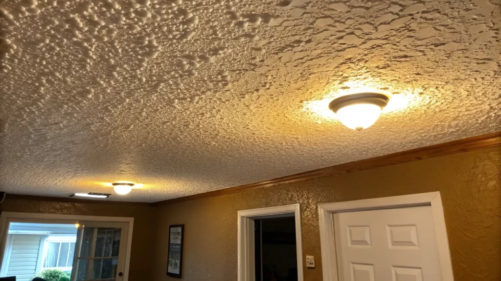 Textured ceiling showing bumps and a light fixture, typical of popcorn style.