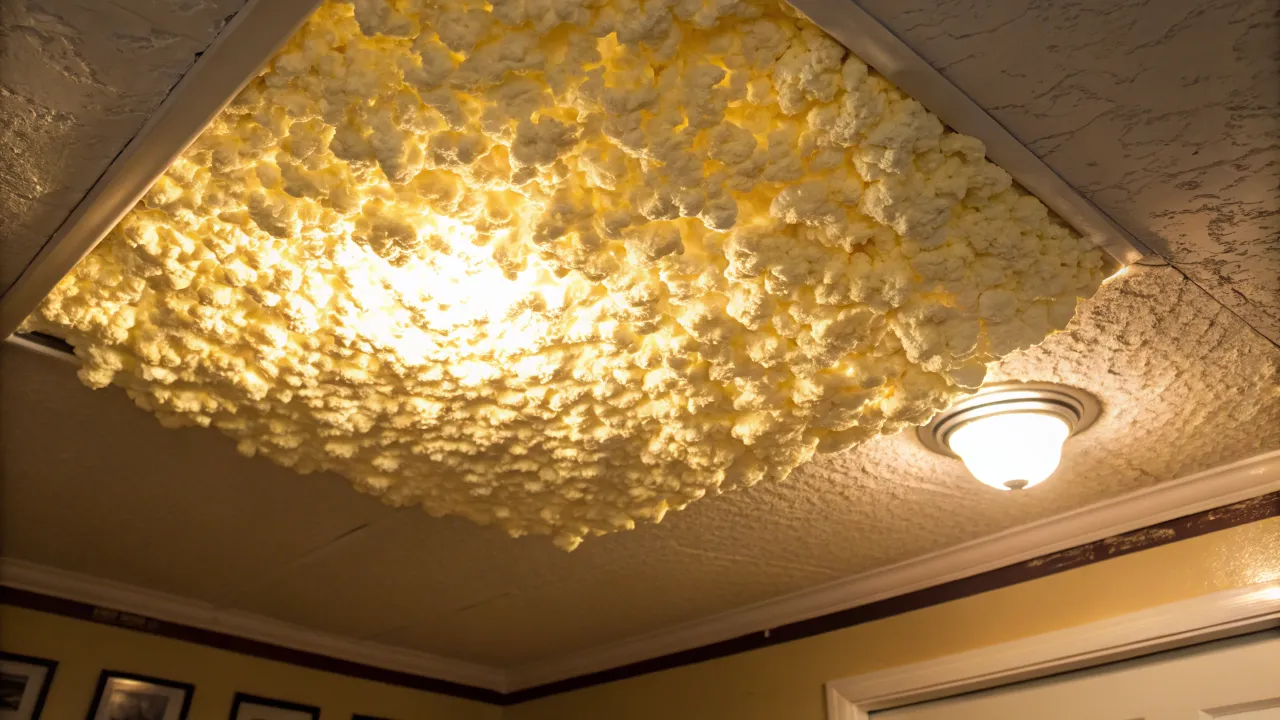 Popcorn ceiling with visible texture, yellowish hue, and light exposure.