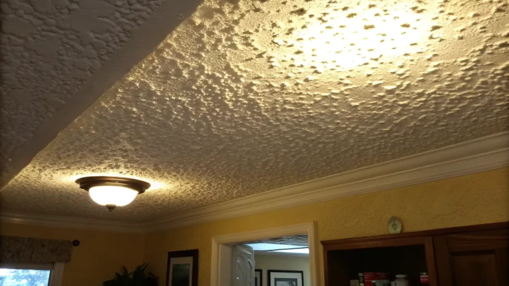 Textured popcorn ceiling with uneven surface and light fixture.