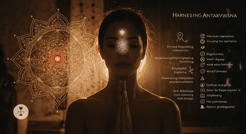 Meditative figure with glowing energy in a dark setting