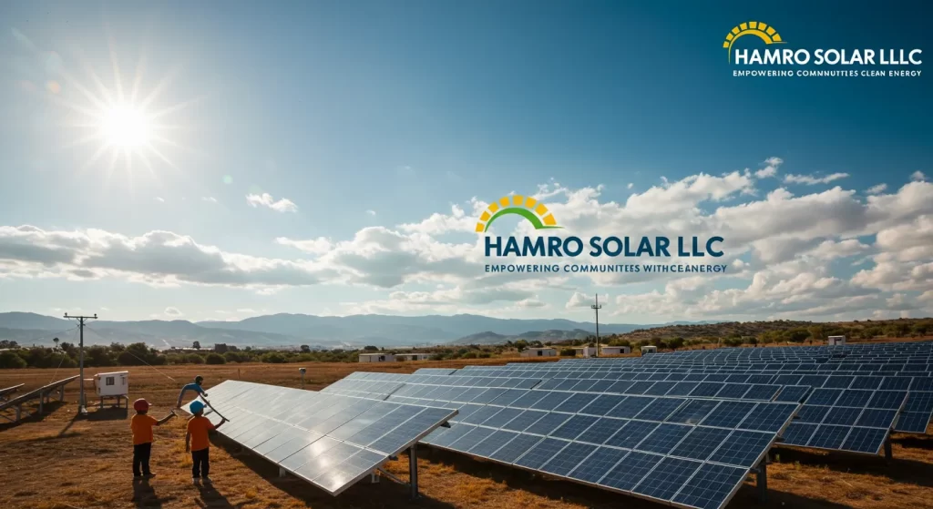 Hamro Solar LLC logo with a solar installation and a technician working in the field