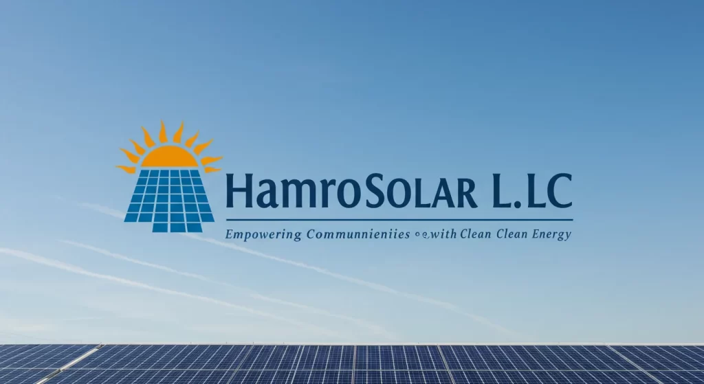 Hamro Solar LLC logo with solar panels and the sun symbol against a clear sky.