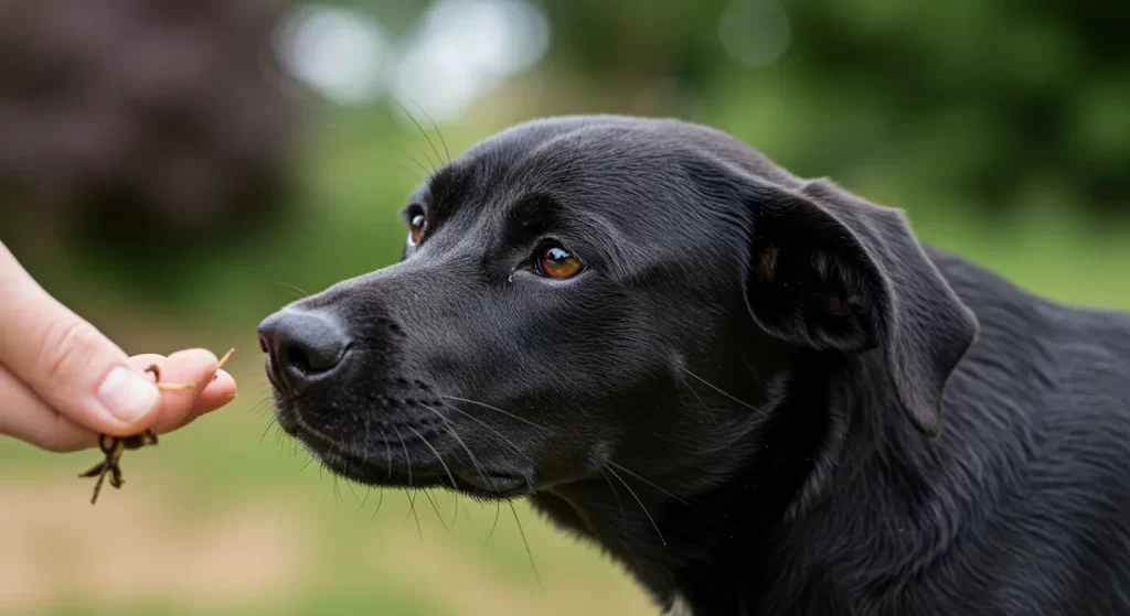 Close-up of a black dog, looking inquisitive.