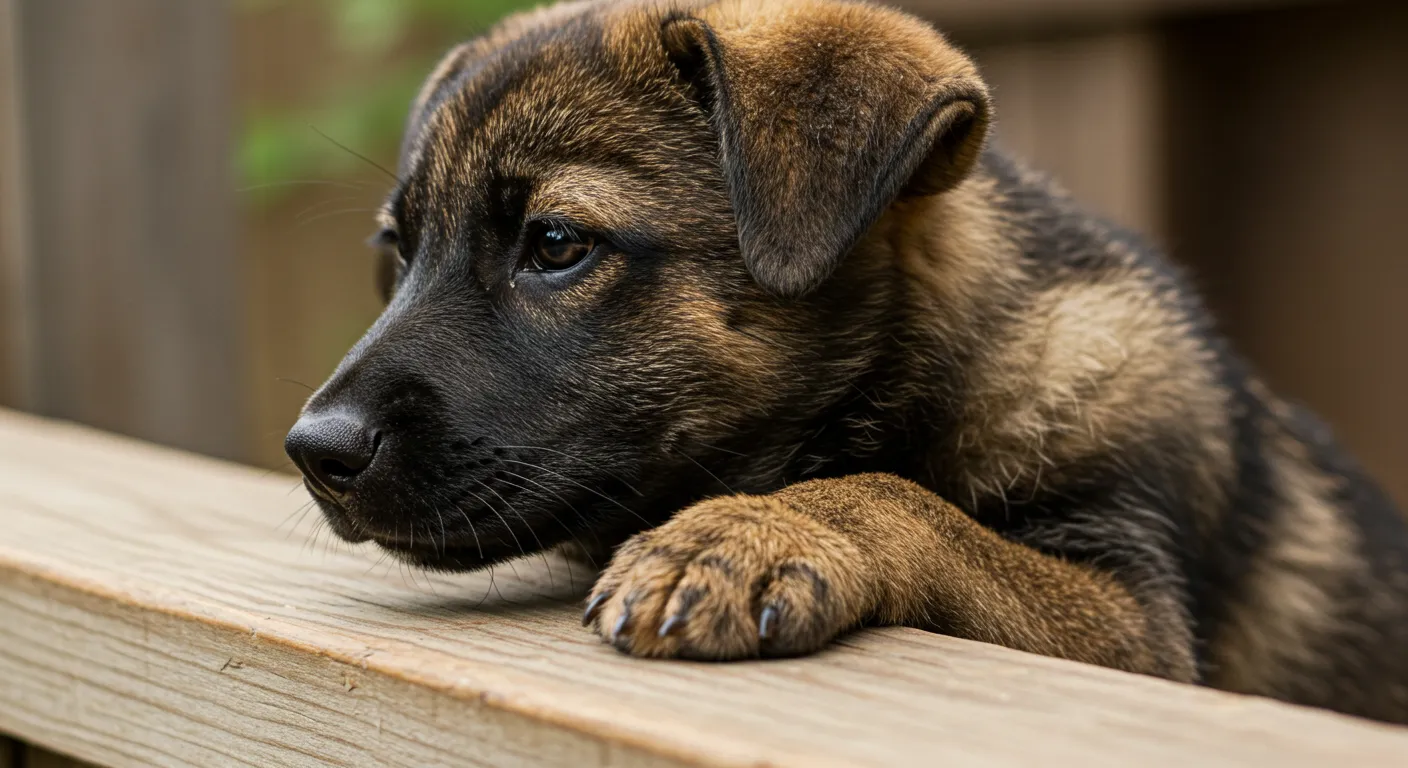 A young puppy resting with a thoughtful expression