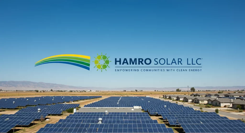 Hamro Solar LLC logo with a wide solar array in the background under a vibrant sky.