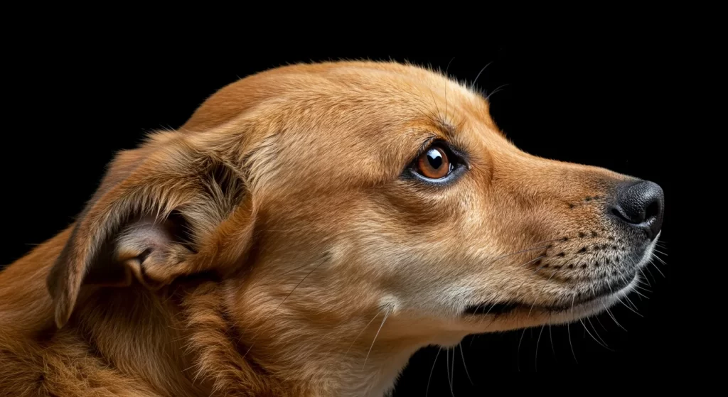 A dog with a golden coat, staring with interest.